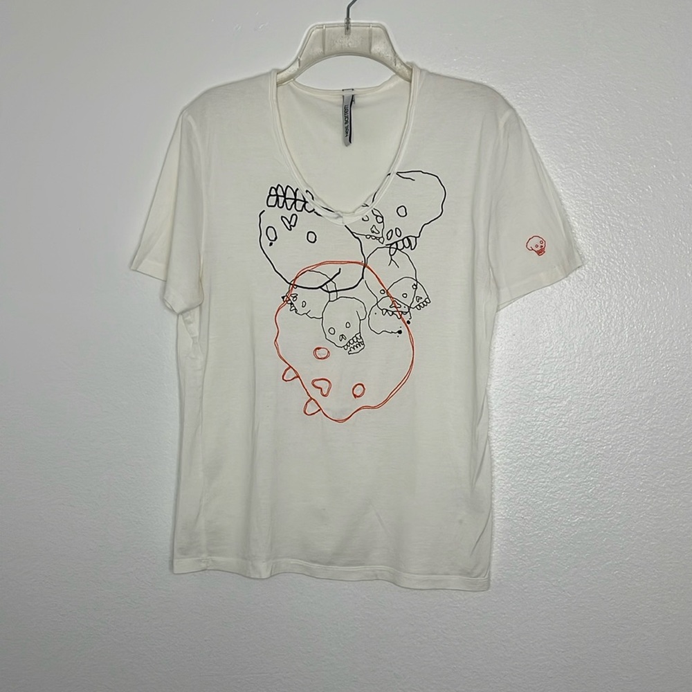 Neil Barrett Skull White Embroidered V Neck T Shirt Size Medium